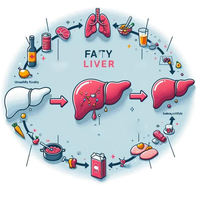 An infographic showing the progression of fatty liver disease without text. The image should visually depict the stages of fatty liver development. St مرتبط با درمان کبد چرب