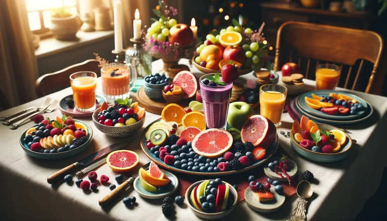 صحنه ای زیبا و جذاب از میز ناهارخوری با بشقاب های مختلف میوه های مفید برای کبد چرب و تنقلات سالم.