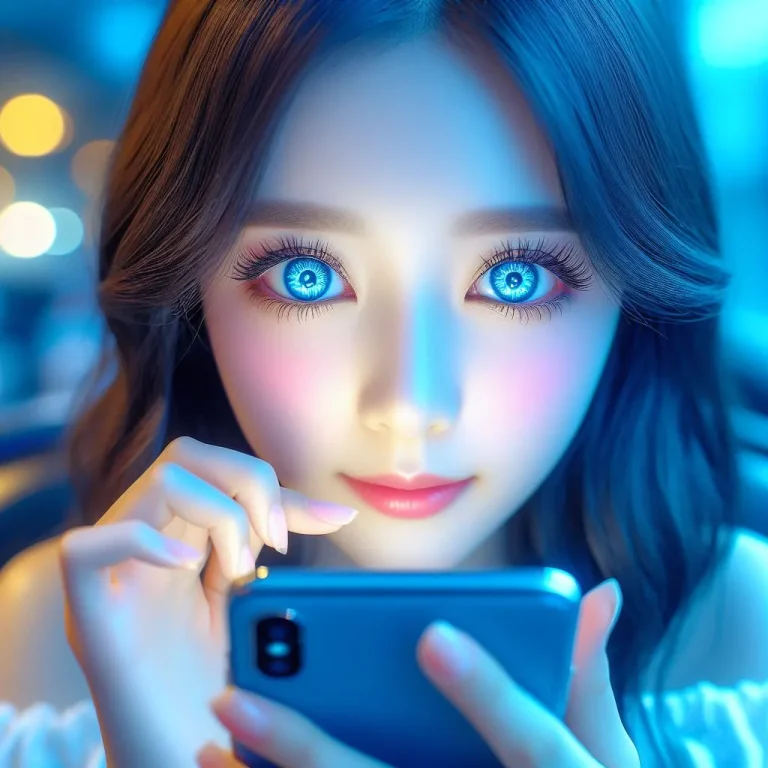 یک دختر با چشم های آبی در حال نگاه کردن به گوشی