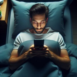 تصویر یک آقا درحال استفاده از گوشی قبل از خواب مرتبط به مقاله تاثیر نور آبی بر خواب