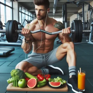 یک ورزشکار خوش استیل درحال تمرین در باشگاه با وزنه که جلوش میوه های سالم هست
